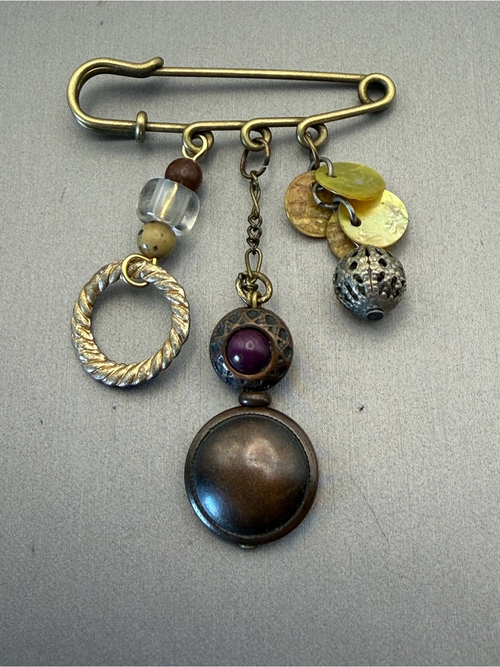 Antique Brass Safety Pin Italian Charm Brooch with Plum Accent and MOP Discs